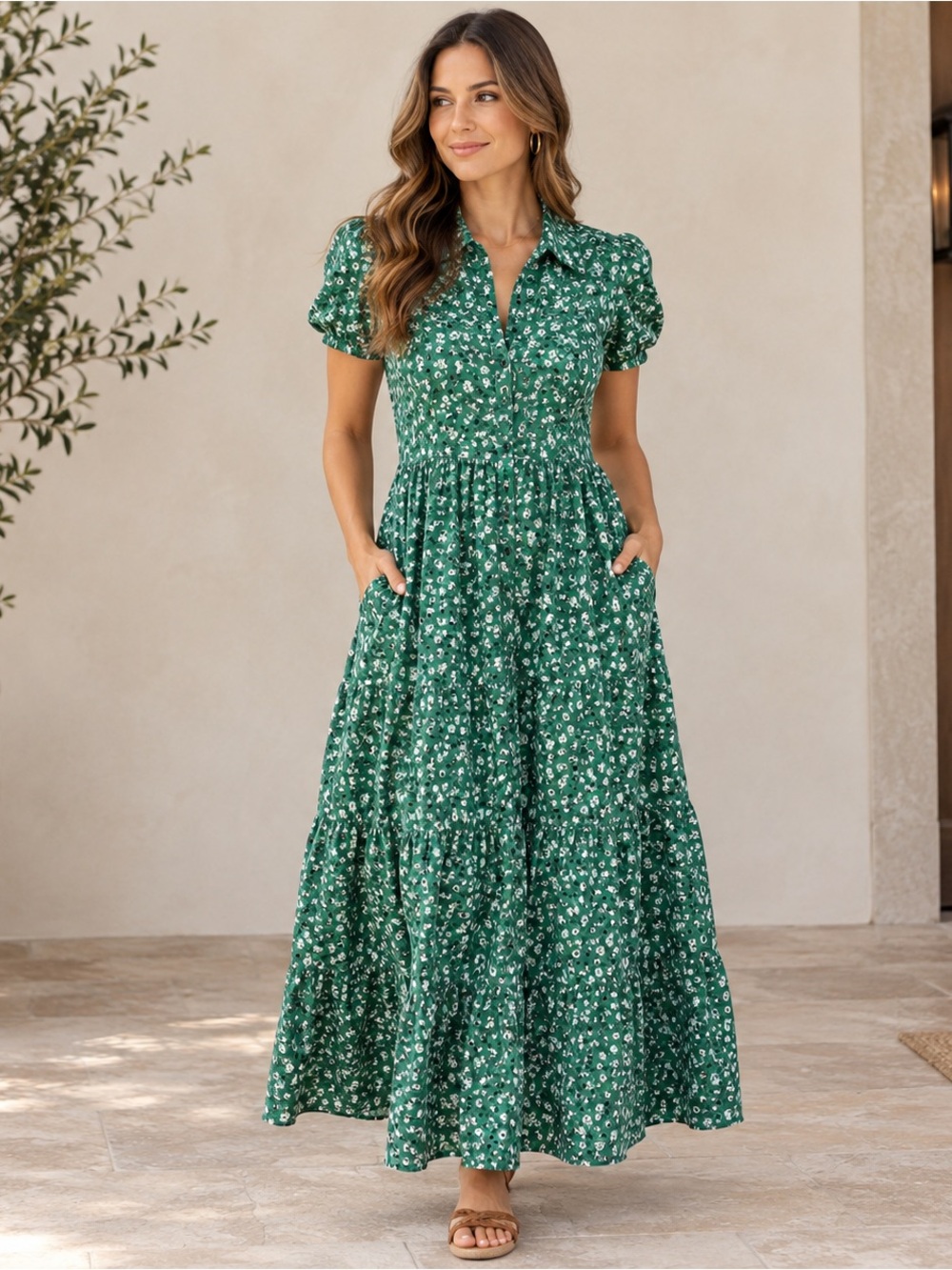 Joules Green Floral Tiered Button-Front Maxi Dress With Pockets